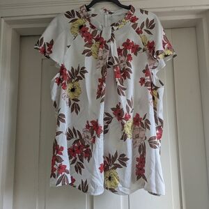 Gorgeous White, Rust & Brown Floral Silk Feel Blouse- XXL